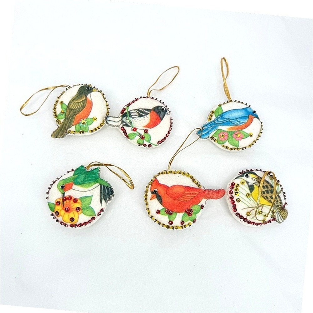 Round‎ Stuffed Bird Christmas Ornaments Sequin Beaded Felt Handcrafted Set of 6
